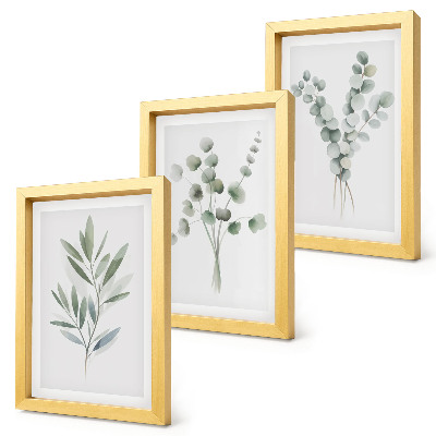Conjunto de 3 quadros decorativos Padrões de plantas em tons de verde e cinza.