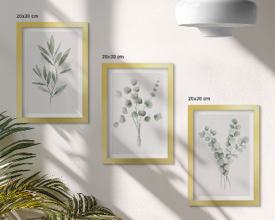 Conjunto de 3 quadros decorativos Padrões de plantas em tons de verde e cinza.