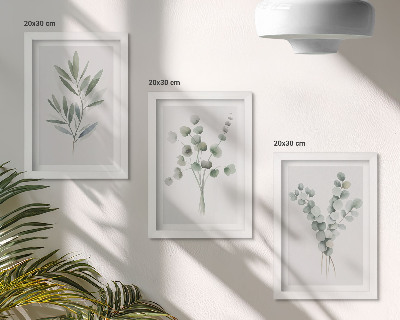 Conjunto de 3 quadros decorativos Padrões de plantas em tons de verde e cinza.