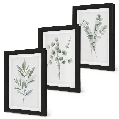 Conjunto de 3 quadros decorativos com padrões de plantas em tons de verde e cinza