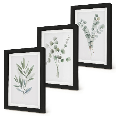 Conjunto de 3 quadros decorativos Padrões de plantas em tons de verde e cinza.