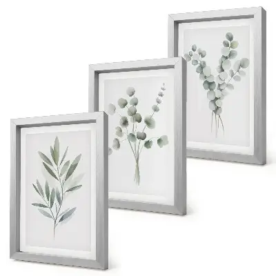 Conjunto de 3 quadros decorativos com padrões de plantas em tons de verde e cinza