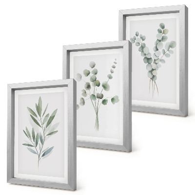 Conjunto de 3 quadros decorativos Padrões de plantas em tons de verde e cinza.