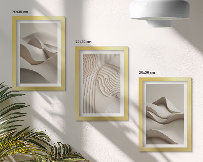 Tríptico com moldura Ondas e estruturas abstratas em tons de bege