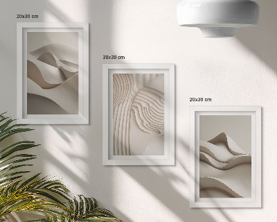 Tríptico com moldura Ondas e estruturas abstratas em tons de bege