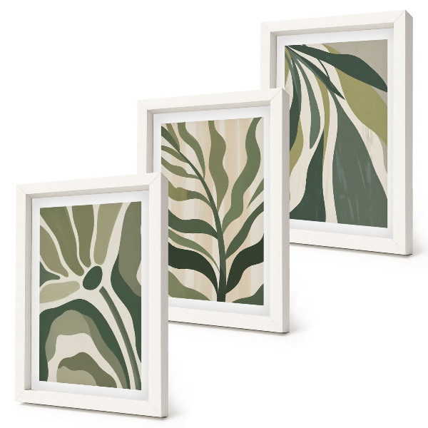 Conjunto de 3 quadros decorativos Ilustrações de folhas pintadas em tons de verde.