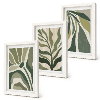 Conjunto de 3 quadros decorativos Ilustrações de folhas pintadas em tons de verde.