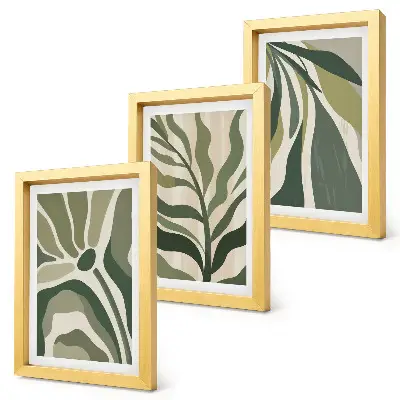 Conjunto de 3 quadros decorativos com ilustrações de folhas pintadas em tons de verde