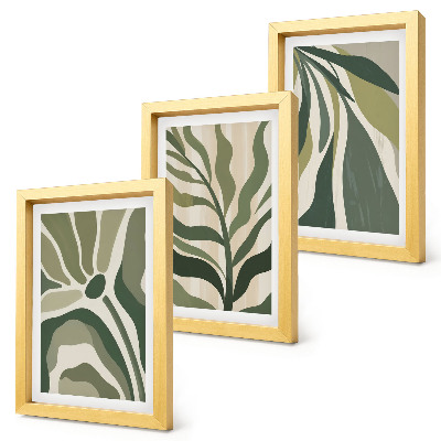 Conjunto de 3 quadros decorativos Ilustrações de folhas pintadas em tons de verde.