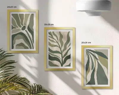 Conjunto de 3 quadros decorativos com ilustrações de folhas pintadas em tons de verde
