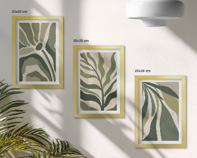 Conjunto de 3 quadros decorativos Ilustrações de folhas pintadas em tons de verde.