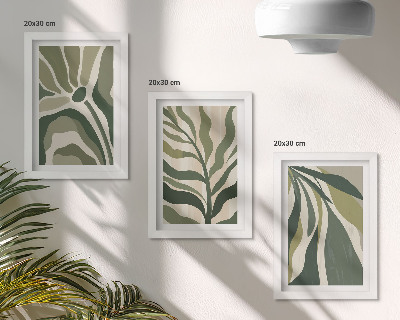 Conjunto de 3 quadros decorativos Ilustrações de folhas pintadas em tons de verde.