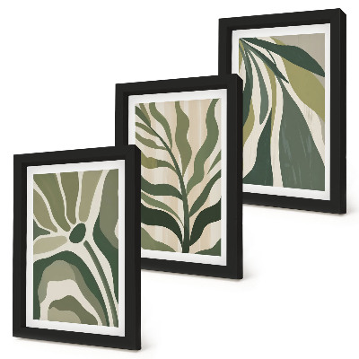 Conjunto de 3 quadros decorativos Ilustrações de folhas pintadas em tons de verde.