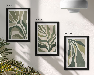 Conjunto de 3 quadros decorativos Ilustrações de folhas pintadas em tons de verde.