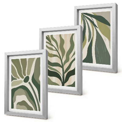Conjunto de 3 quadros decorativos Ilustrações de folhas pintadas em tons de verde.