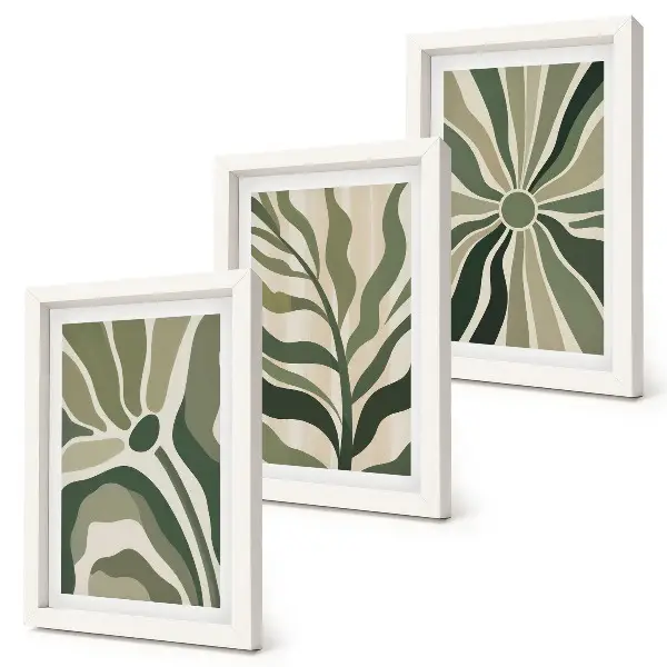 Conjunto de molduras com imagens com padrões de plantas em tons de verde e bege