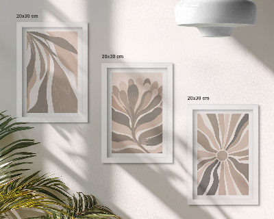 Tríptico com moldura Padrões abstratos de plantas em tons de bege e marrom.