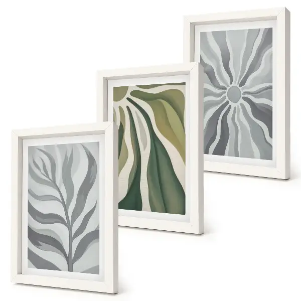 Conjunto de 3 quadros decorativos com padrões de plantas em tons de verde e cinza
