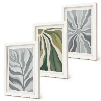 Conjunto de 3 quadros decorativos com padrões de plantas em tons de verde e cinza