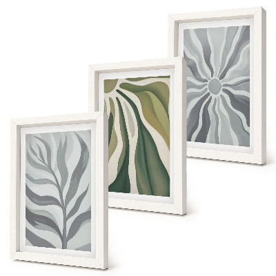 Conjunto de 3 quadros decorativos Padrões de plantas em tons de verde e cinza.