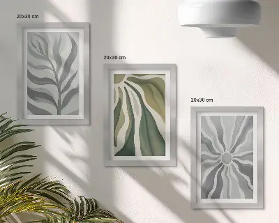 Conjunto de 3 quadros decorativos com padrões de plantas em tons de verde e cinza
