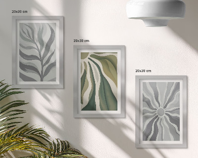 Conjunto de 3 quadros decorativos Padrões de plantas em tons de verde e cinza.