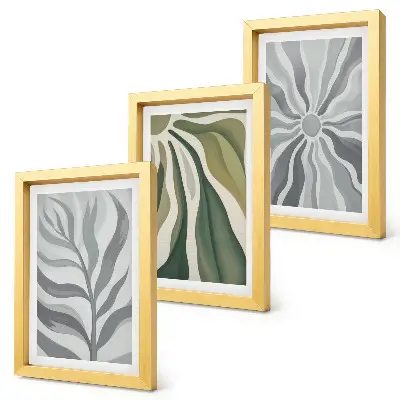 Conjunto de 3 quadros decorativos com padrões de plantas em tons de verde e cinza