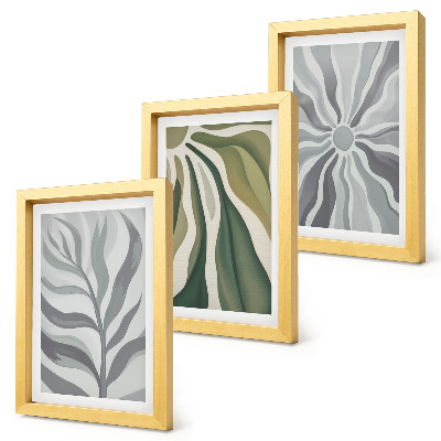Conjunto de 3 quadros decorativos Padrões de plantas em tons de verde e cinza.