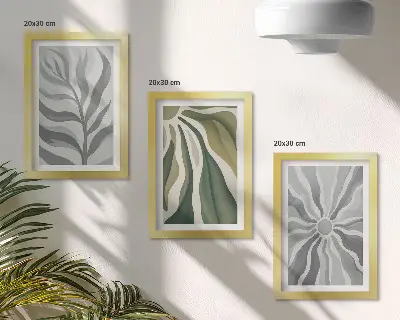 Conjunto de 3 quadros decorativos com padrões de plantas em tons de verde e cinza