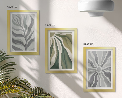 Conjunto de 3 quadros decorativos Padrões de plantas em tons de verde e cinza.