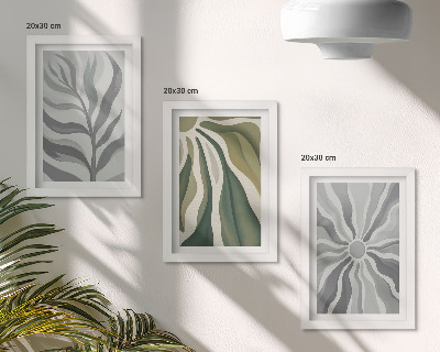 Conjunto de 3 quadros decorativos Padrões de plantas em tons de verde e cinza.