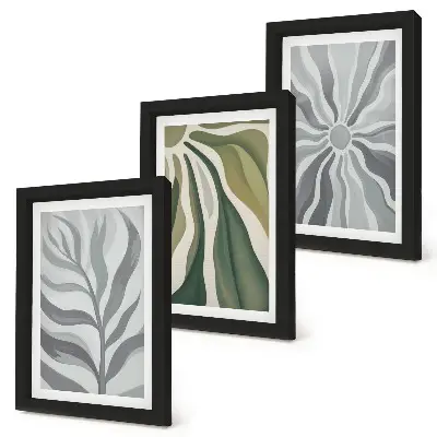 Conjunto de 3 quadros decorativos com padrões de plantas em tons de verde e cinza