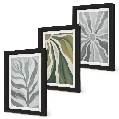 Conjunto de 3 quadros decorativos Padrões de plantas em tons de verde e cinza.