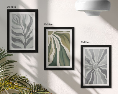 Conjunto de 3 quadros decorativos Padrões de plantas em tons de verde e cinza.