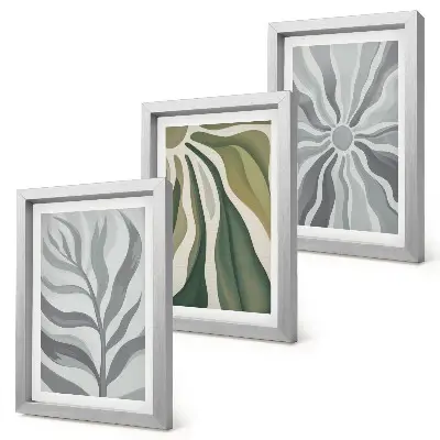 Conjunto de 3 quadros decorativos com padrões de plantas em tons de verde e cinza