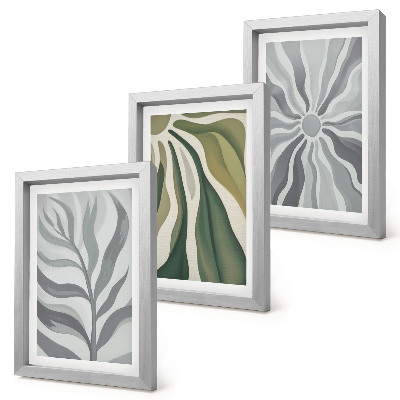 Conjunto de 3 quadros decorativos Padrões de plantas em tons de verde e cinza.