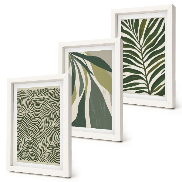 Conjunto de molduras com imagens Padrões de folhas e linhas onduladas em tons de verde.