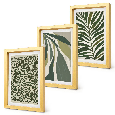 Conjunto de molduras com imagens Padrões de folhas e linhas onduladas em tons de verde.