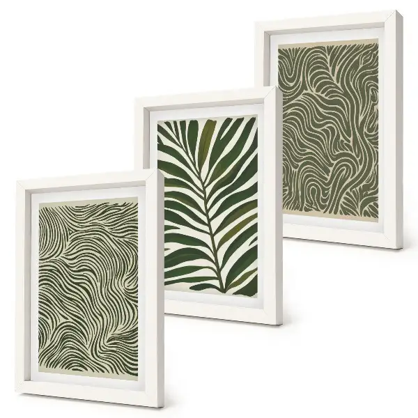 Conjunto de 3 quadros decorativos com padrões abstratos de folhas e formas onduladas