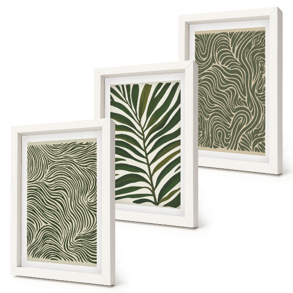 Conjunto de 3 quadros decorativos Padrões abstratos com folhas e formas onduladas.