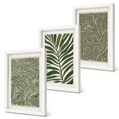 Conjunto de 3 quadros decorativos com padrões abstratos de folhas e formas onduladas