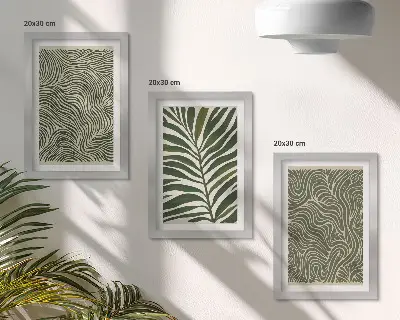 Conjunto de 3 quadros decorativos com padrões abstratos de folhas e formas onduladas