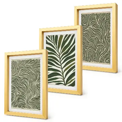 Conjunto de 3 quadros decorativos com padrões abstratos de folhas e formas onduladas