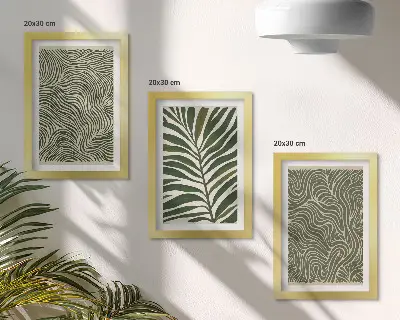 Conjunto de 3 quadros decorativos com padrões abstratos de folhas e formas onduladas