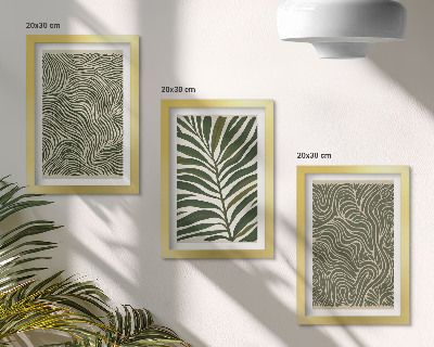Conjunto de 3 quadros decorativos Padrões abstratos com folhas e formas onduladas.