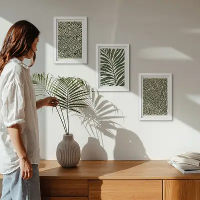 Conjunto de 3 quadros decorativos com padrões abstratos de folhas e formas onduladas