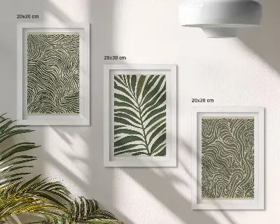 Conjunto de 3 quadros decorativos com padrões abstratos de folhas e formas onduladas