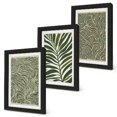 Conjunto de 3 quadros decorativos com padrões abstratos de folhas e formas onduladas