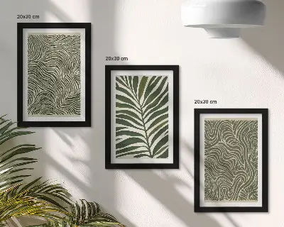 Conjunto de 3 quadros decorativos com padrões abstratos de folhas e formas onduladas