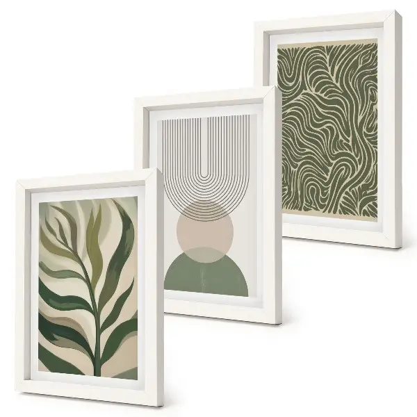 Conjunto de quadros com artes botânicas e geométricas com folhas e formas geométricas abstratas